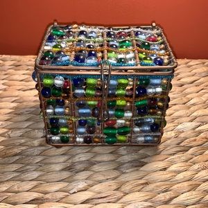 Beautiful vintage copper trinket / jewelry box with multicolor glass beads